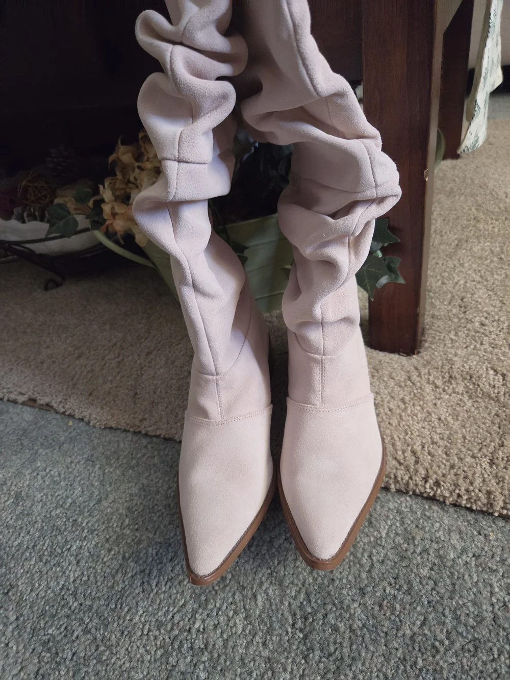 Knee-High Slouchy Pointed Toe Women's Boots in Light Pink